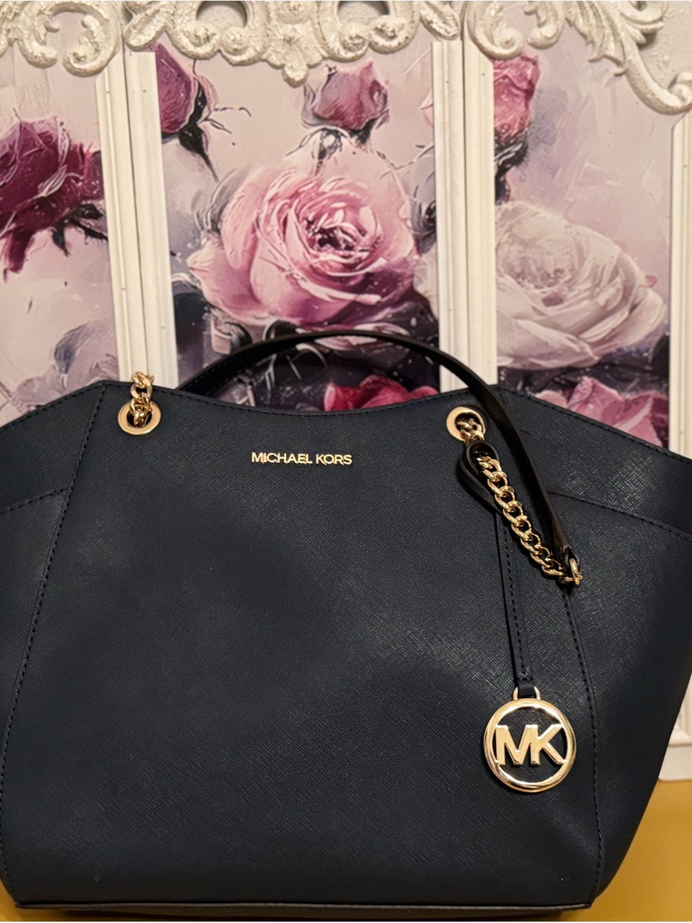 Michael Kors Black Leather Tote with Gold Accents